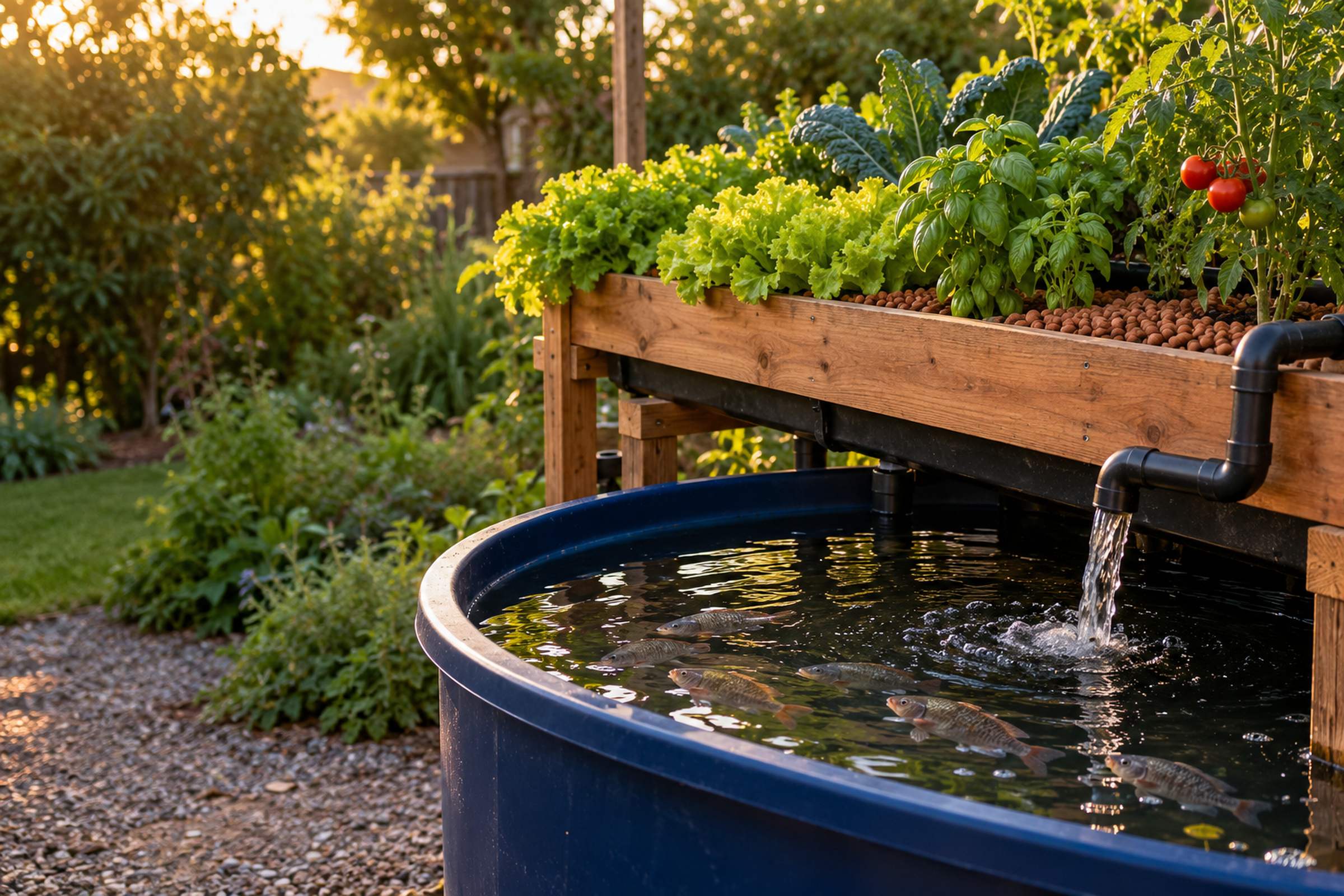 A backyard aquaponics system with a fish tank under a grow bed of lettuce, basil, kale and tomatoes at golden hour