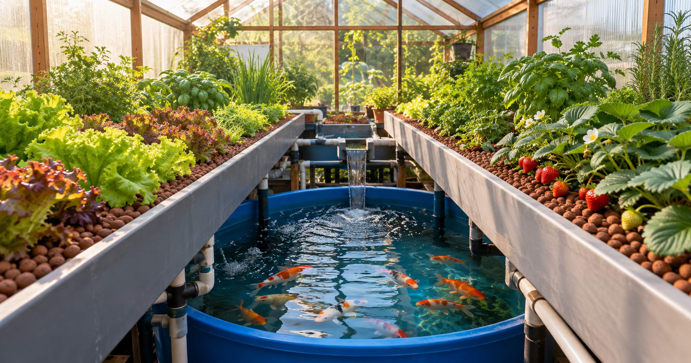 A hobby greenhouse with clay pebble grow beds of lettuce and strawberries above a fish tank with goldfish and koi