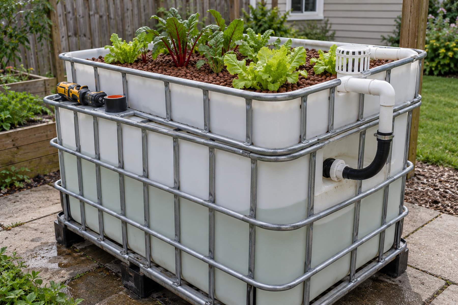 A DIY IBC tote aquaponics build with lettuce and chard in the grow bed above the fish tank