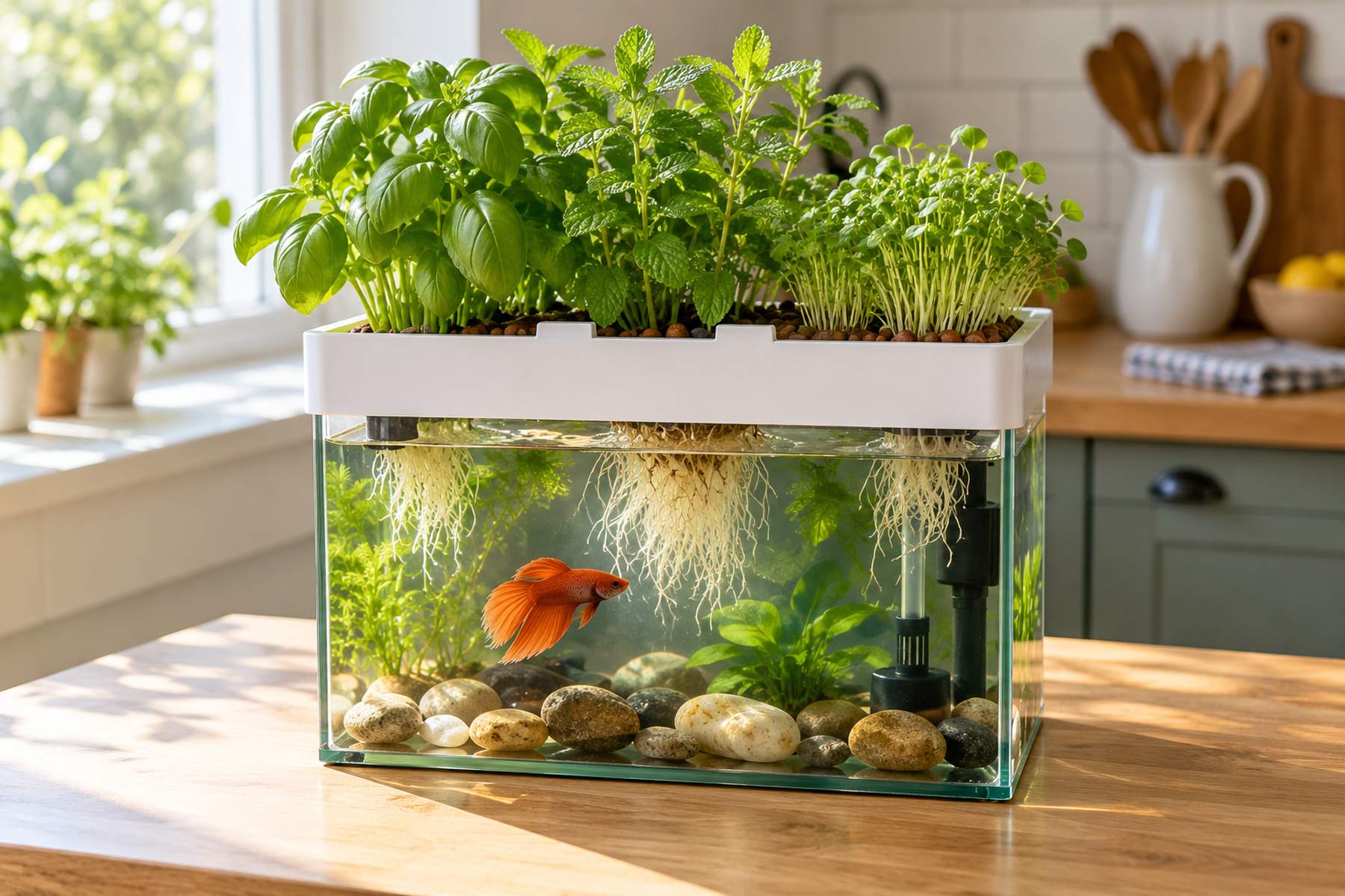 A countertop fish tank garden with basil, mint and microgreens growing above an orange betta