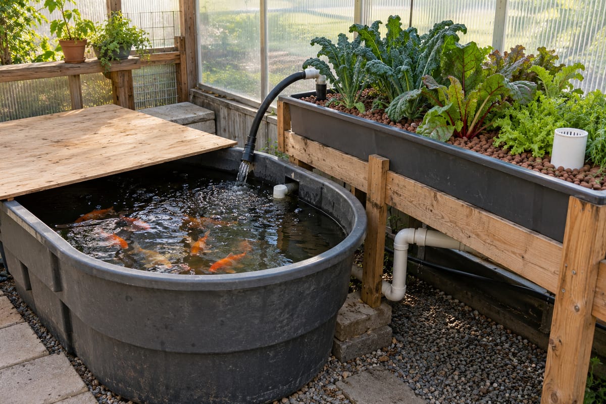 A poly stock tank used as an aquaponics fish tank beside a clay pebble grow bed in a greenhouse