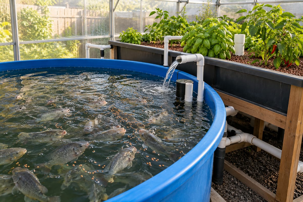 Tilapia at the surface of a round tank beside a grow bed of basil and peppers in a backyard greenhouse