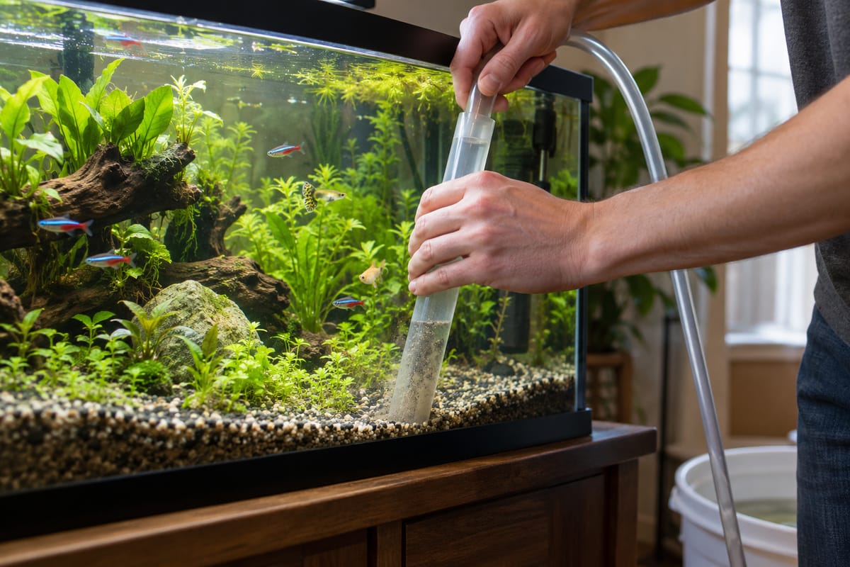 Cleaning aquarium gravel with a hand siphon during a water change