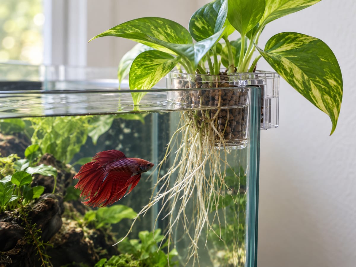 Pothos in a hang-on planter with roots trailing into an aquarium beside a red betta