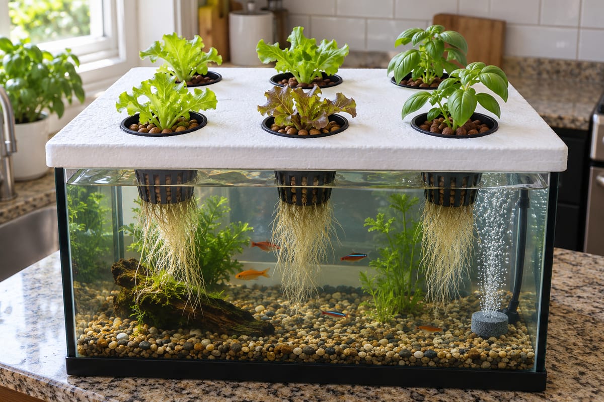 Lettuce and basil in net cups set into a foam lid over an aquarium