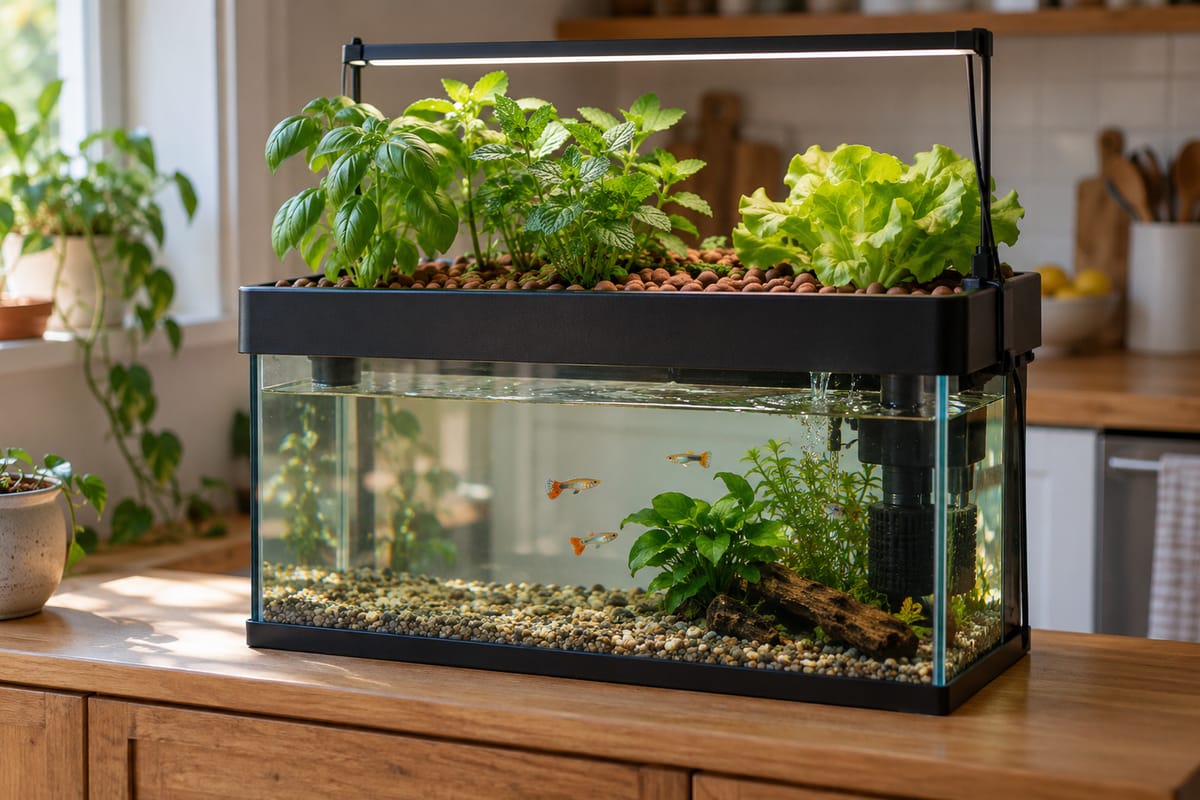 A grow bed of clay pebbles with basil and lettuce sitting on top of a 10 gallon aquarium
